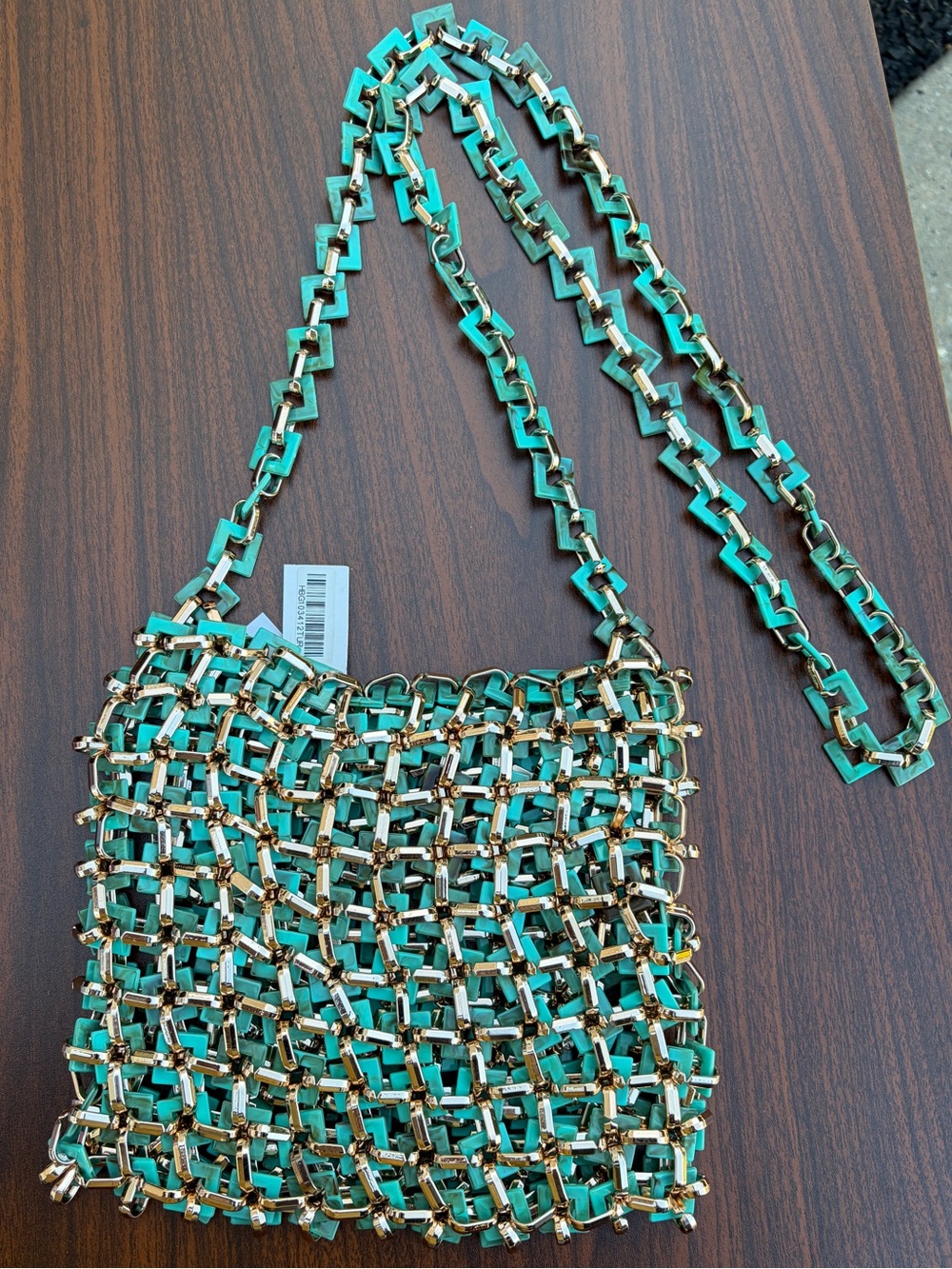 Turquoise Gold Woven Chain Crossbody Shoulder Bag Statement Purse